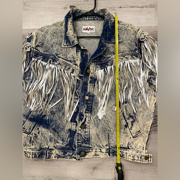 HAVOC Vintage 80s Acid Wash Fringe Womens Sz Large Blue Denim Jacket made in USA - Picture 4 of 9